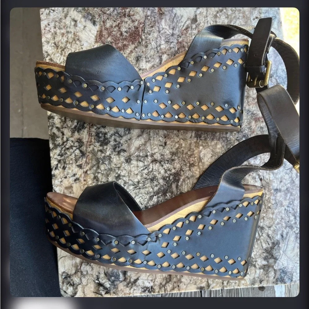 Ash Vanina Wooden and Leather Wedge Sandals
